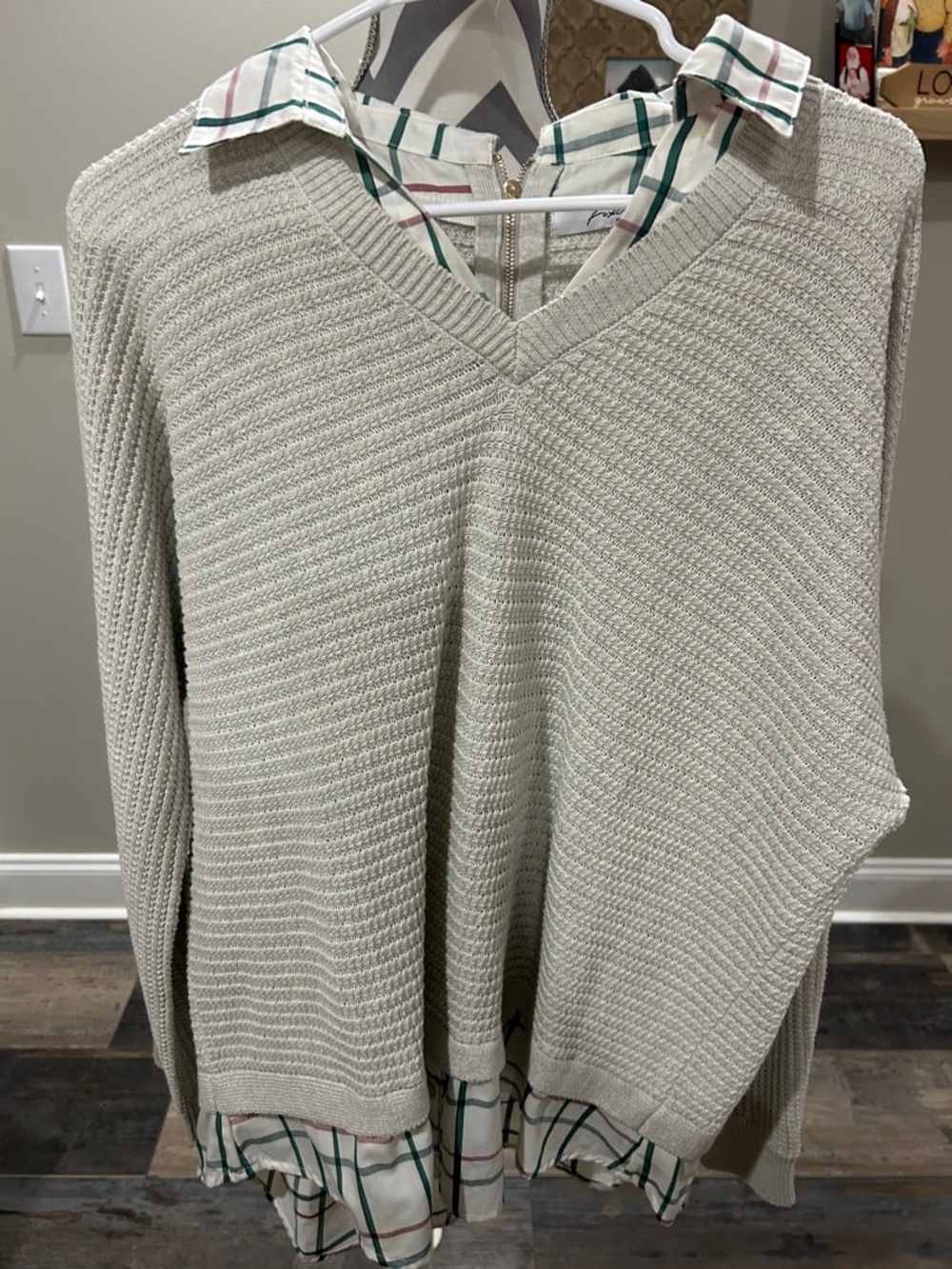 Foxcroft Light Beige V-Neck Sweater with Plaid Trim